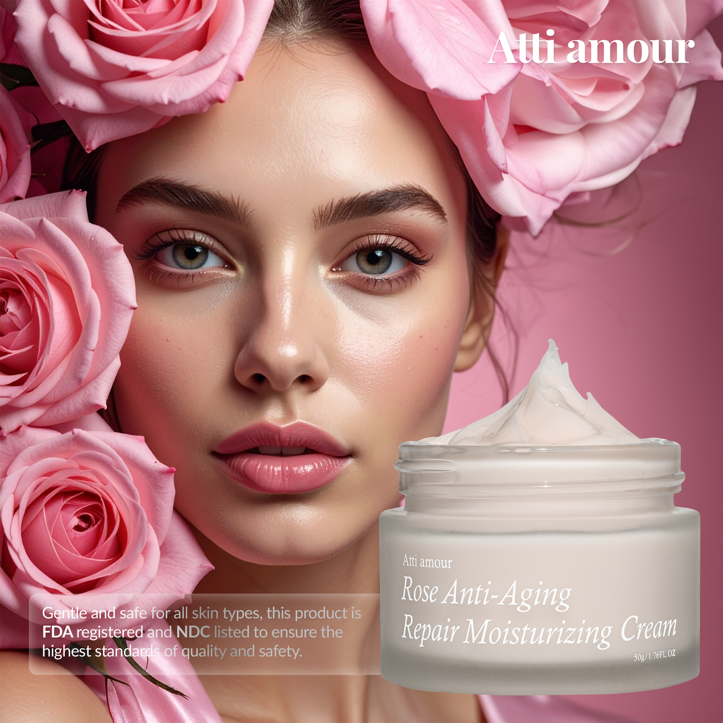 Atti amour rose anti-aging repair moisturizing cream FDA-registered, NDC listed with natural plant extracts and peptide formula