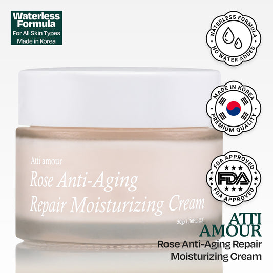Atti amour Rose Moisturizing Cream with a waterless formula, niacinamide, ceramides, and collagen to provide intense hydration and smooth fine lines.