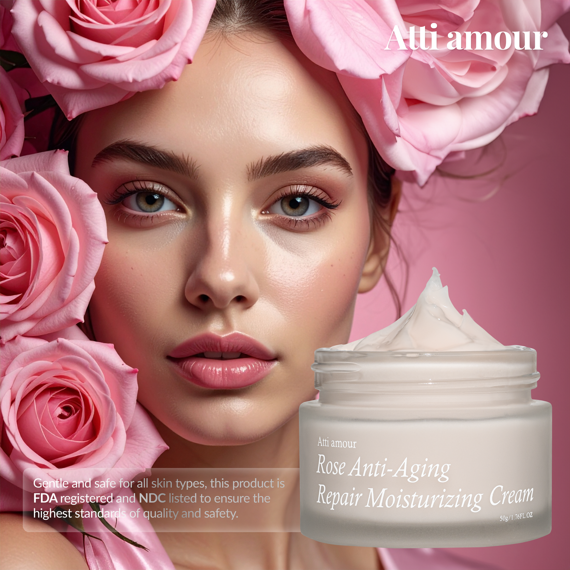 Atti amour rose anti-aging repair moisturizing cream FDA-registered, NDC listed with natural plant extracts and peptide formula