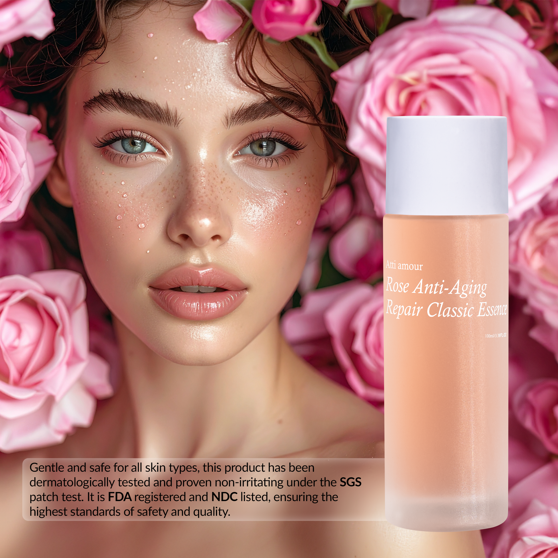 FDA-registered and SGS-tested Korean rose essence with NDC number, proven safe and non-irritating
