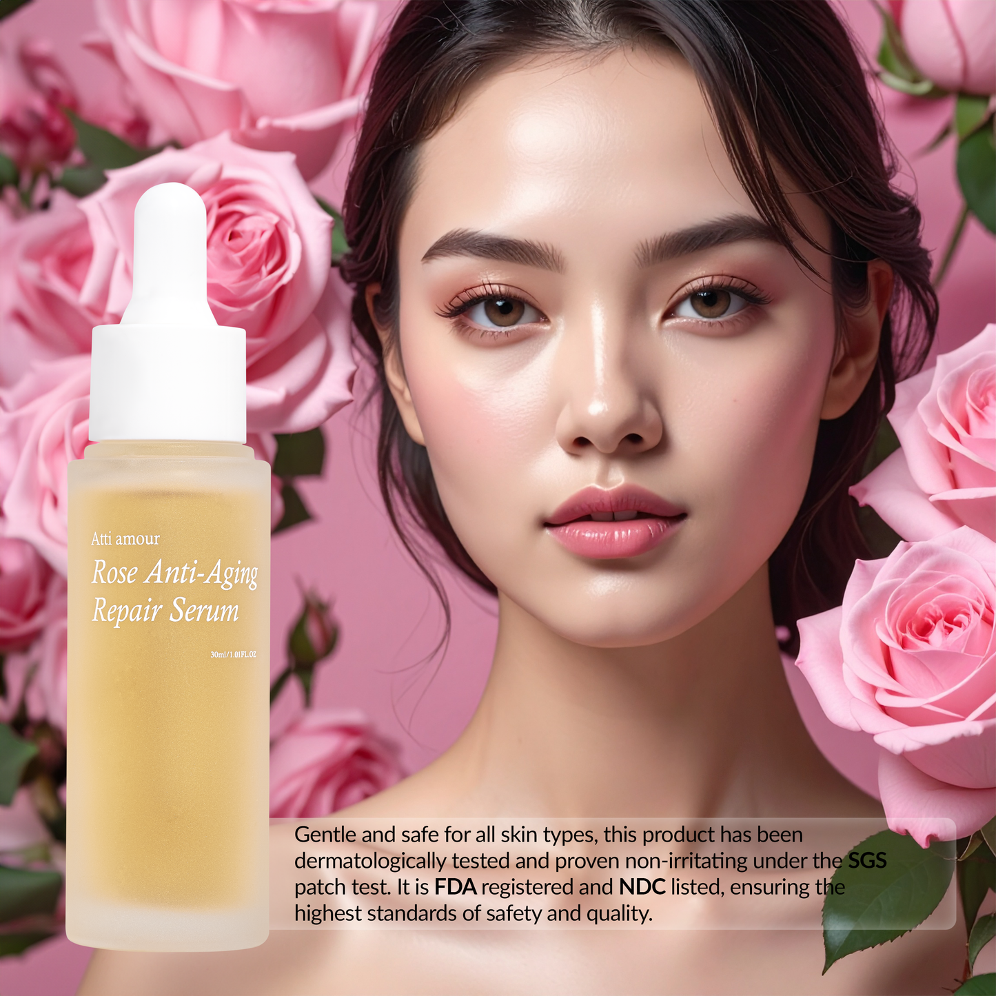 FDA-registered and SGS-tested Korean rose serum with NDC number, proven safe and non-irritating