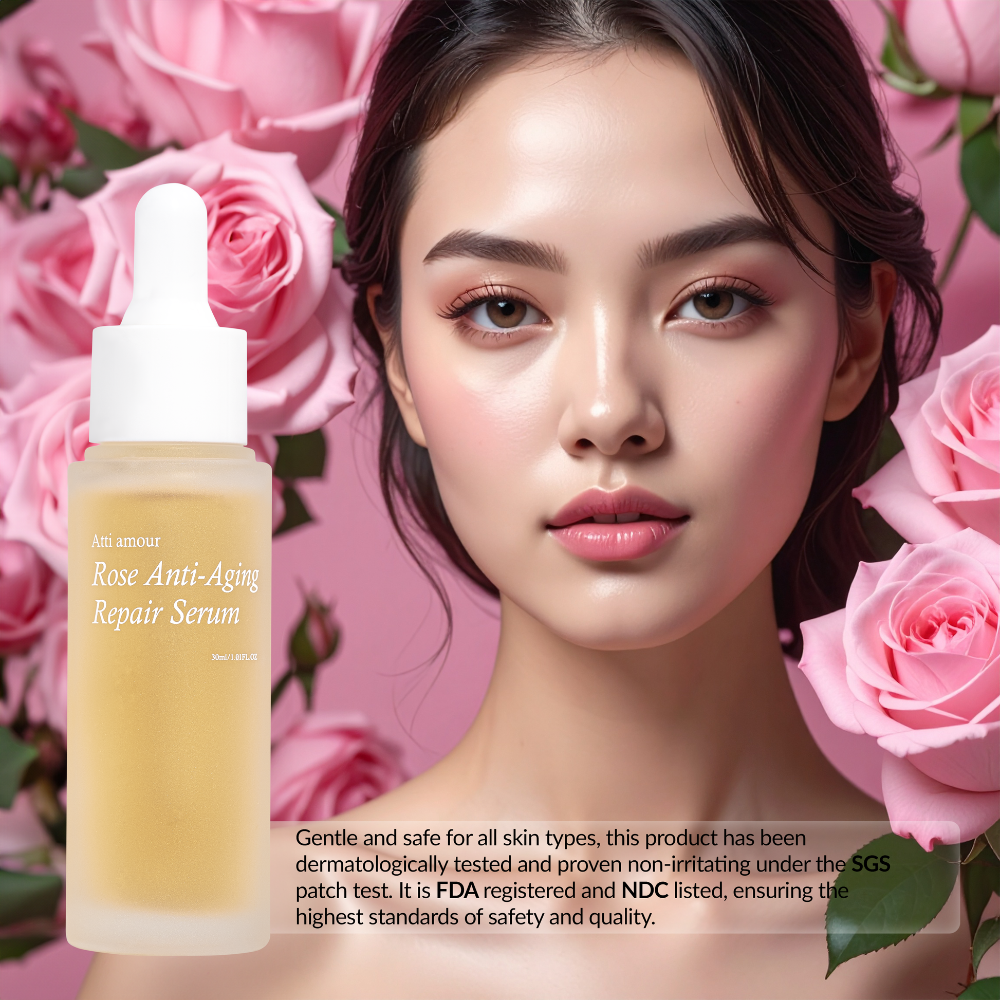 FDA-registered and SGS-tested Korean rose serum with NDC number, proven safe and non-irritating