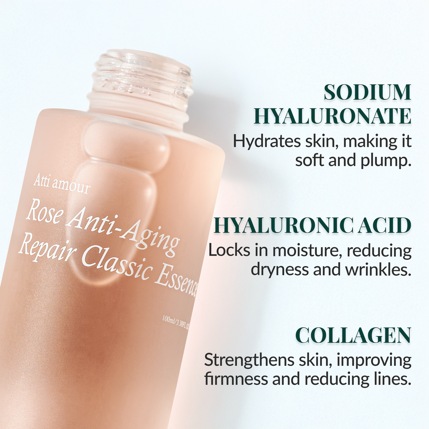 Hydrating and firming Korean essence infused with Damask rose collagen, hyaluronic acid, and sodium hyaluronate