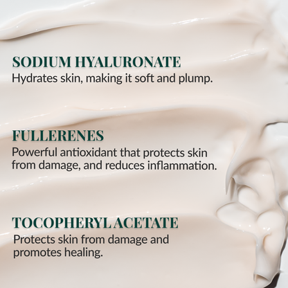K-beauty moisturizing cream featuring Fullerenes antioxidants and hyaluronic acid for deep hydration and anti-aging support.