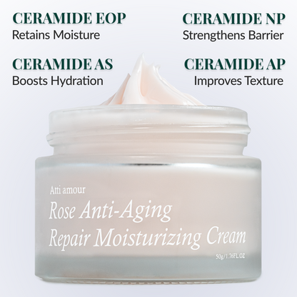 Korean moisturizing cream with rosewater and ceramides for glowing, hydrated skin.