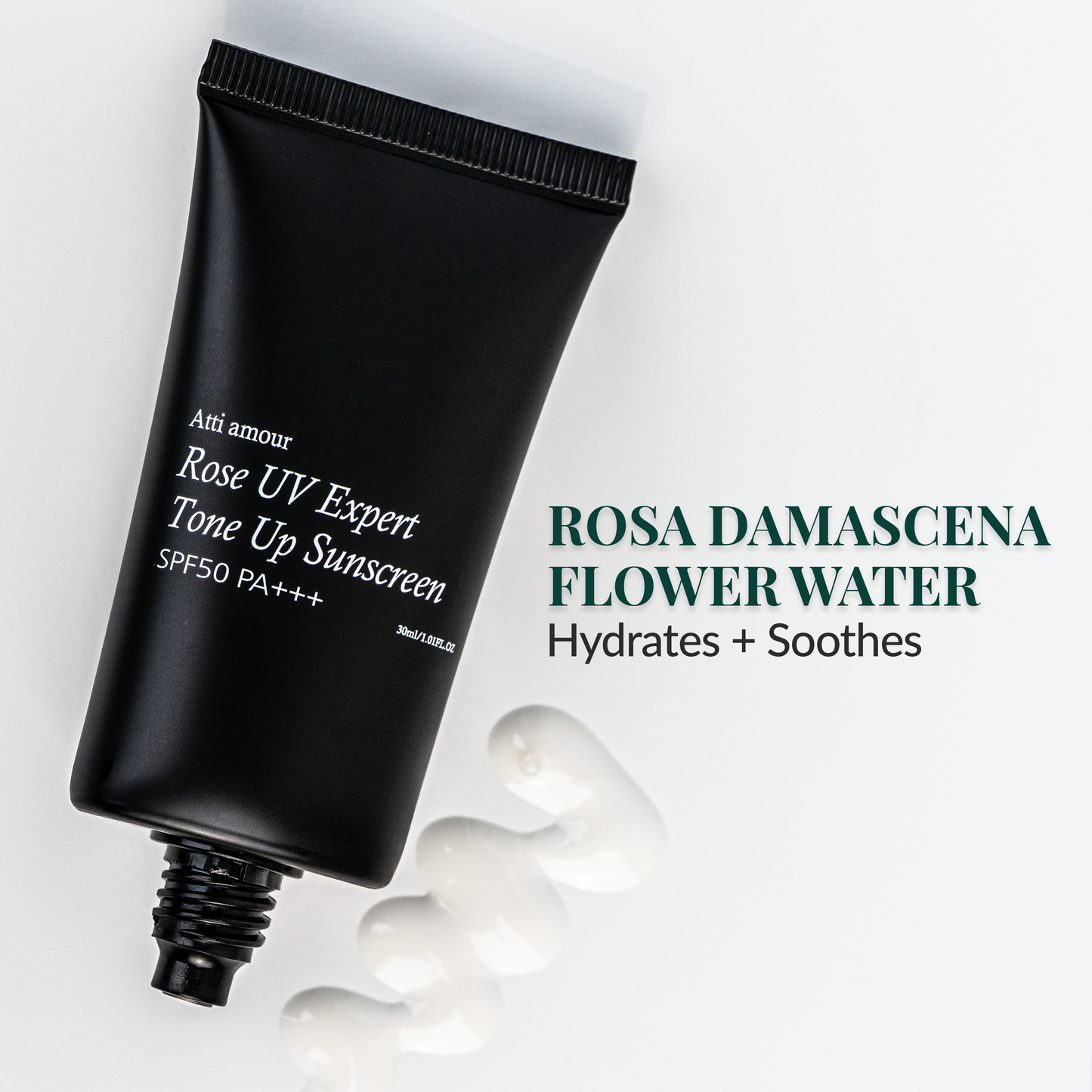 Sunscreen with Rosa Damascena Flower Water, Licorice Root Extract, and Punica Granatum for brightening and UV protection"