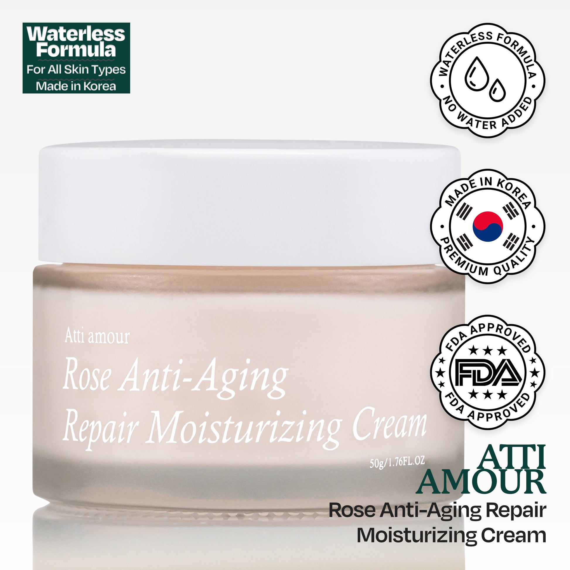 Atti amour Rose Moisturizing Cream with a waterless formula, niacinamide, ceramides, and collagen to provide intense hydration and smooth fine lines.