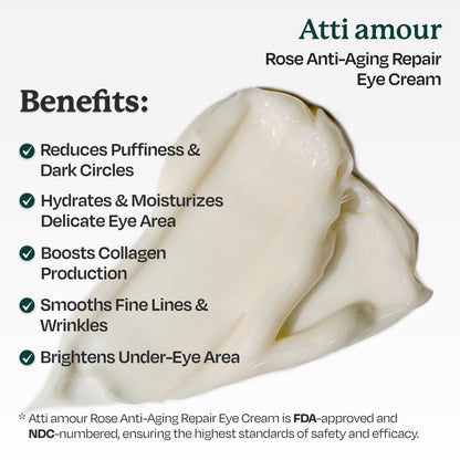 Niacinamide-rich Atti amour Rose Anti-Aging Eye Cream brightens dark circles and reduces puffiness, while hydrating and firming the skin around the eyes.