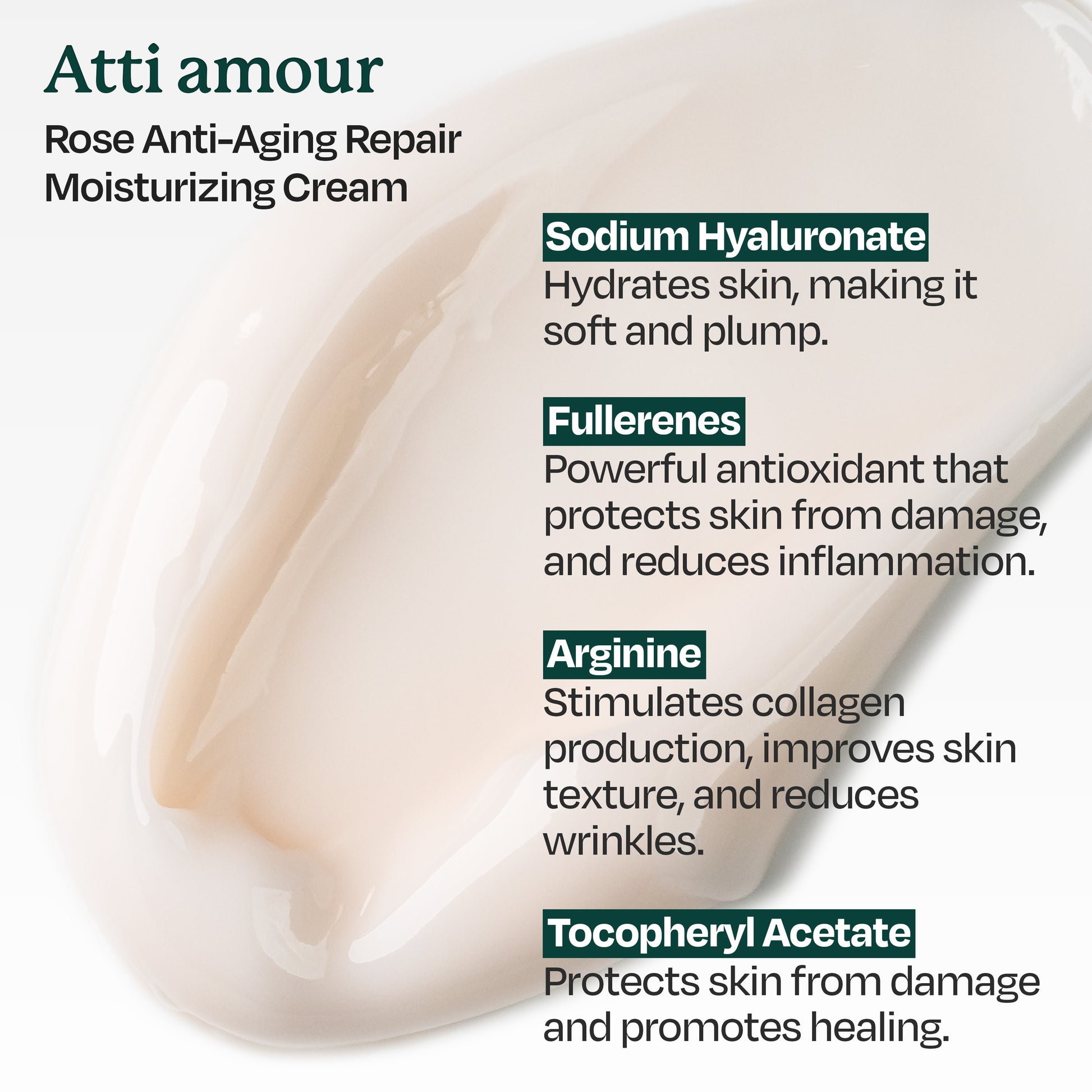 Atti amour Rose Anti-Aging Moisturizer with sodium hyaluronate, and over 40% rosa damascena flower water to restore moisture and reduce signs of aging.