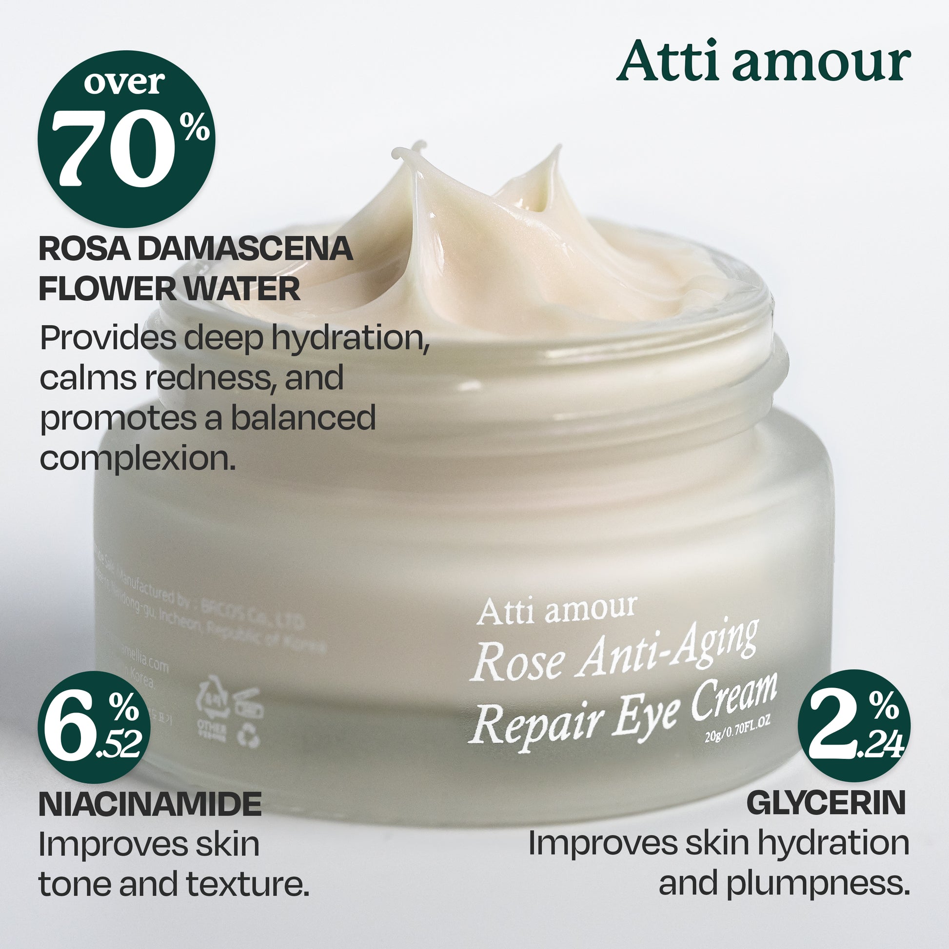 Atti amour Rose Anti-Aging Eye Cream with niacinamide, peptides, and rose water to hydrate, reduce puffiness, and smooth fine lines.