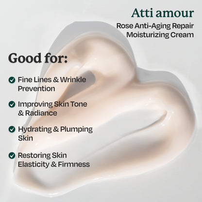 Atti amour Rose Anti-Aging Moisturizing Cream with niacinamide, ceramides, and over 40% rose water to hydrate, reduce fine lines, and firm the skin.