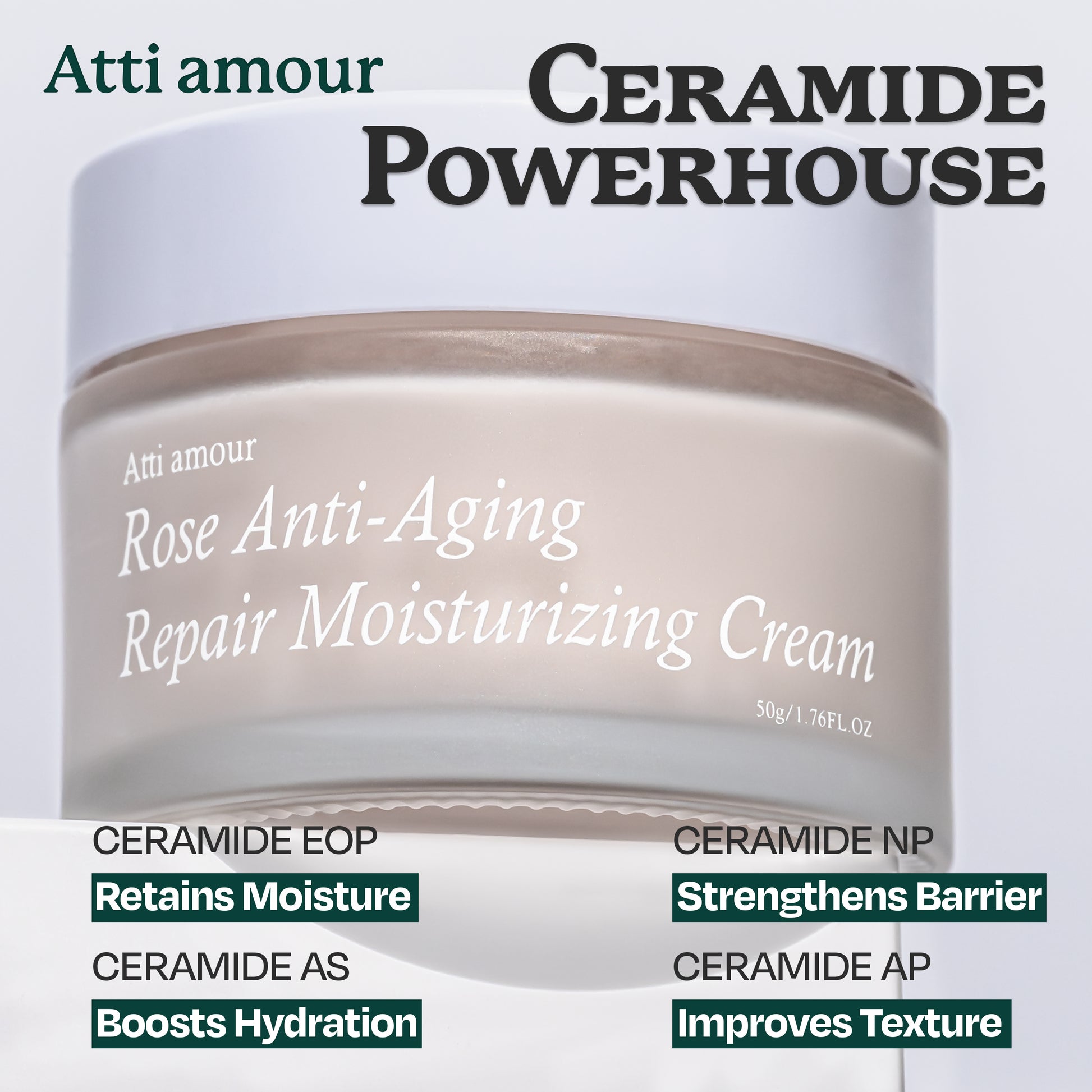 Nourishing and hydrating Atti amour Rose Moisturizing Cream with ceramides, peptides, and over 40% rose water to restore and smooth skin.