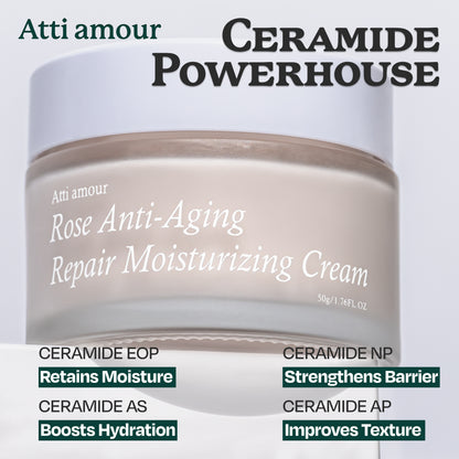 Nourishing and hydrating Atti amour Rose Moisturizing Cream with ceramides, peptides, and over 40% rose water to restore and smooth skin.