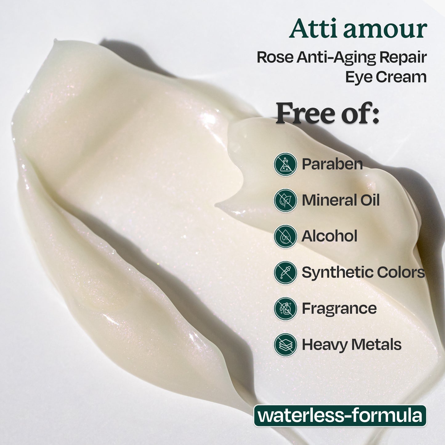 Atti amour Rose Anti-Aging Eye Cream with peptides, niacinamide, and rose water to visibly reduce fine lines and hydrate the delicate under-eye skin.