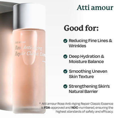 Atti amour Rose Anti-Aging Classic Essence with hyaluronic acid for plump and hydrated skin.