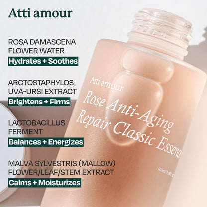 Atti amour Rose Anti-Aging Classic Essence with plant extracts for soothing skin.