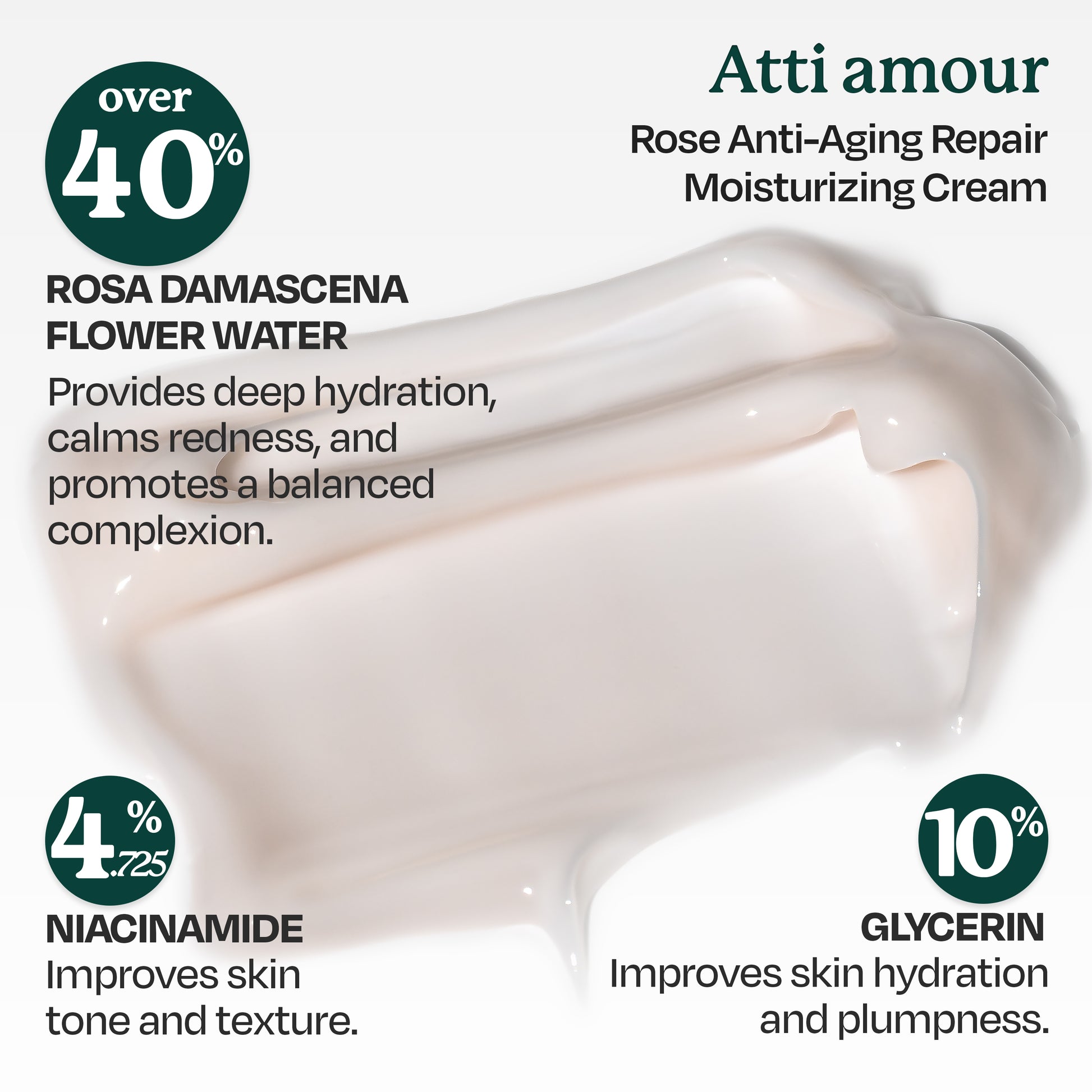 Atti amour Rose Anti-Aging Moisturizing Cream with over 40% rose water, niacinamide, and collagen to hydrate, repair, and reduce fine lines.