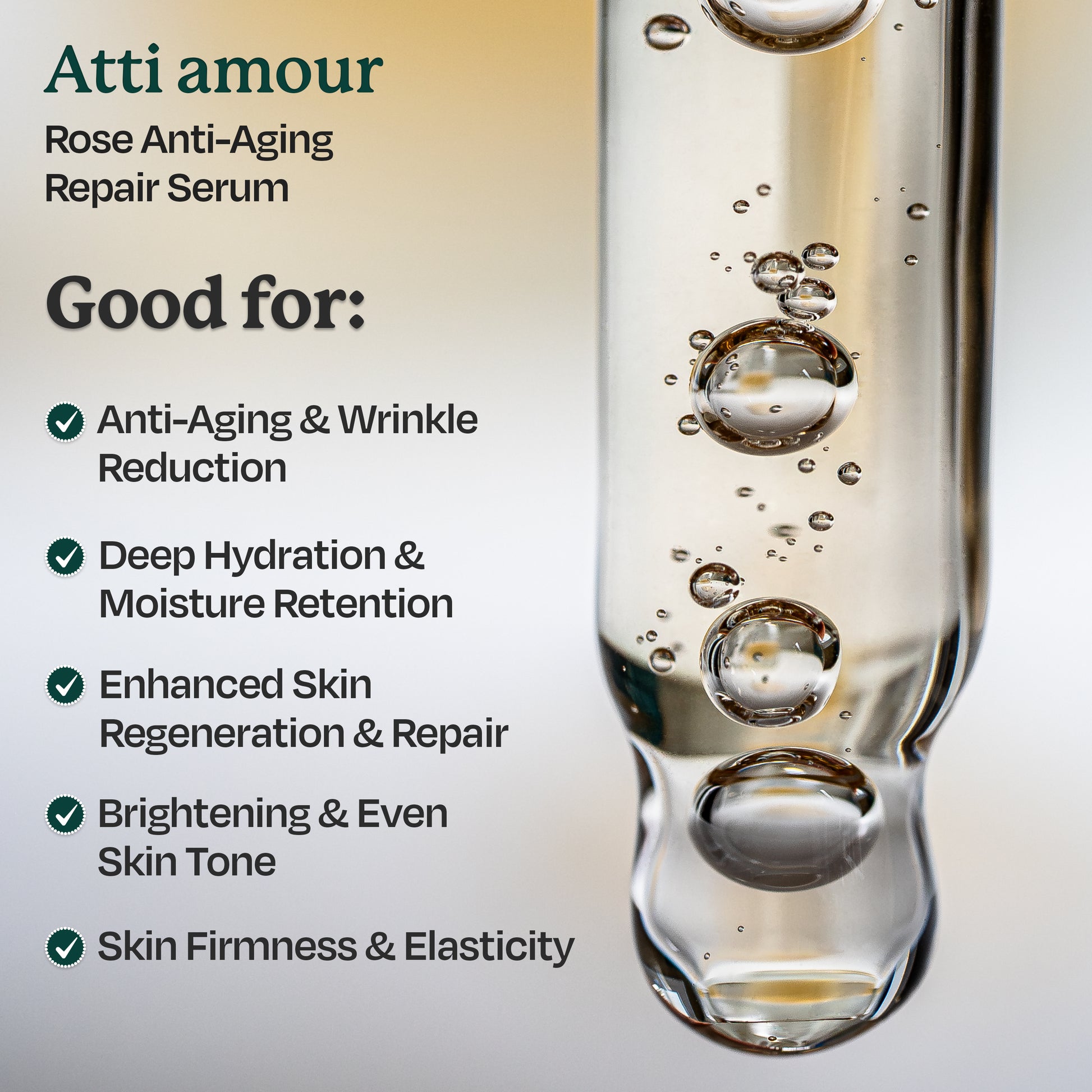 Peptide-infused Atti amour Rose anti-aging serum for wrinkle reduction.