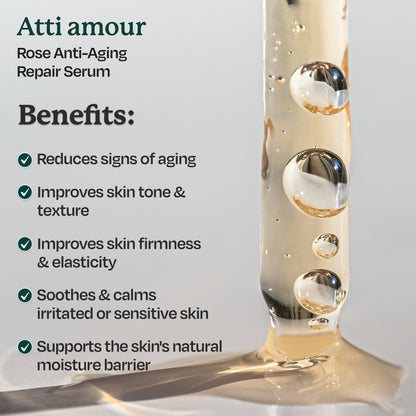 Atti amour Rose serum with hyaluronic acid for plump and hydrated skin.