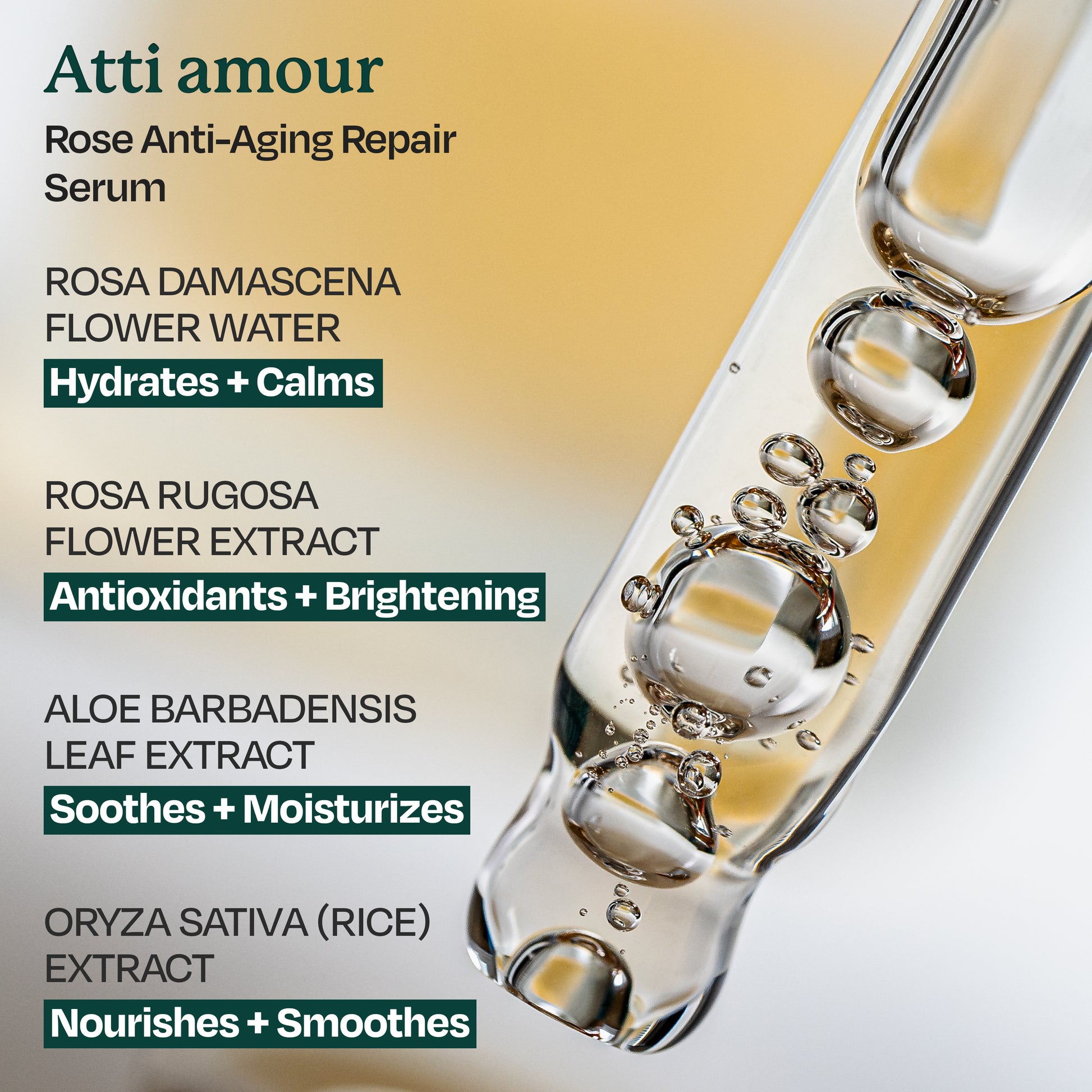 Atti amour Rose anti-aging serum with plant extracts for soothing skin.