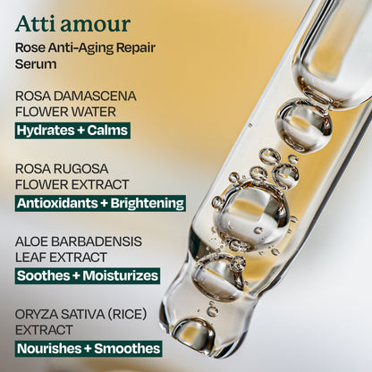 Atti amour Rose anti-aging serum with plant extracts for soothing skin.