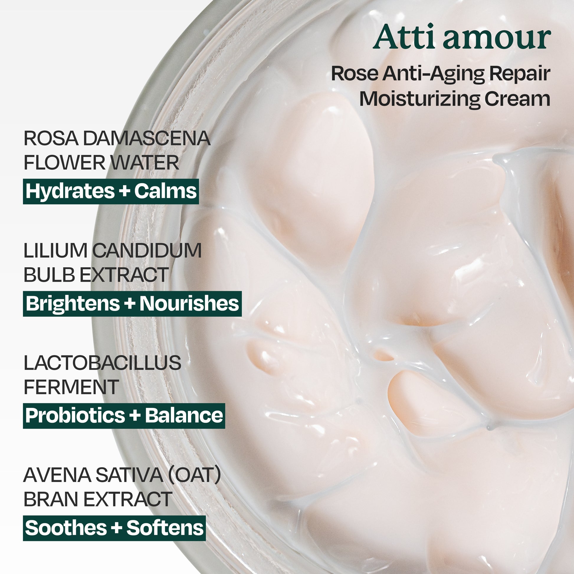 Anti-aging repair cream by Atti amour with niacinamide, rose water, and ceramides to brighten and restore moisture to dull, tired skin.