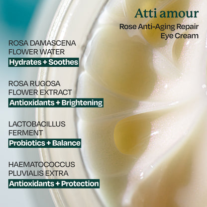 Atti amour Rose Anti-Aging Eye Cream helps reduce dark circles and puffiness with rose water, niacinamide, and a waterless formula.